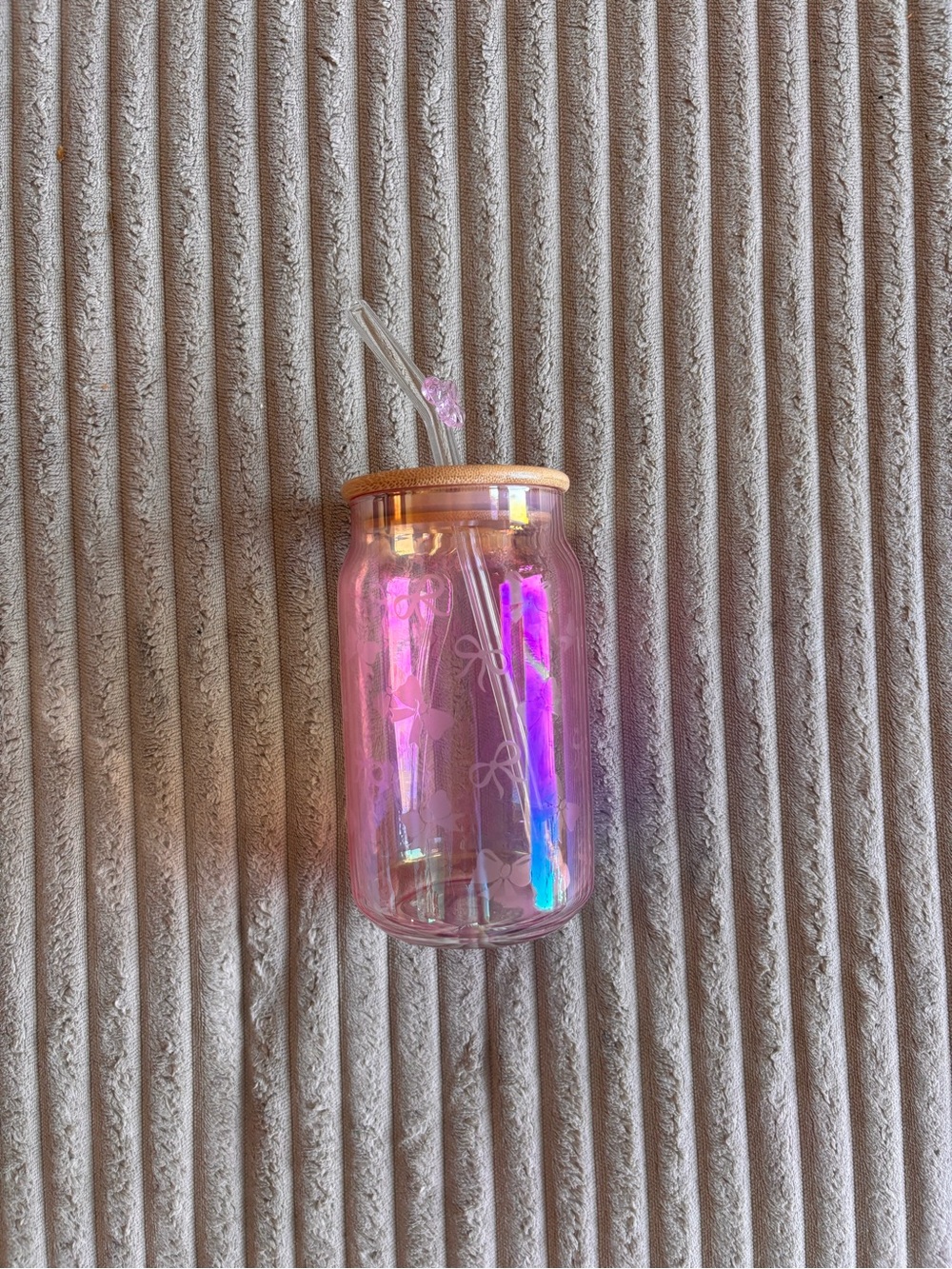 Pink Iridescent Glass Jar Tumbler with Straw with Bows 🎀